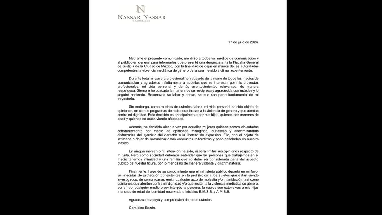 Geraldine Bazán lanza comunicado sobre la demanda que interpuso