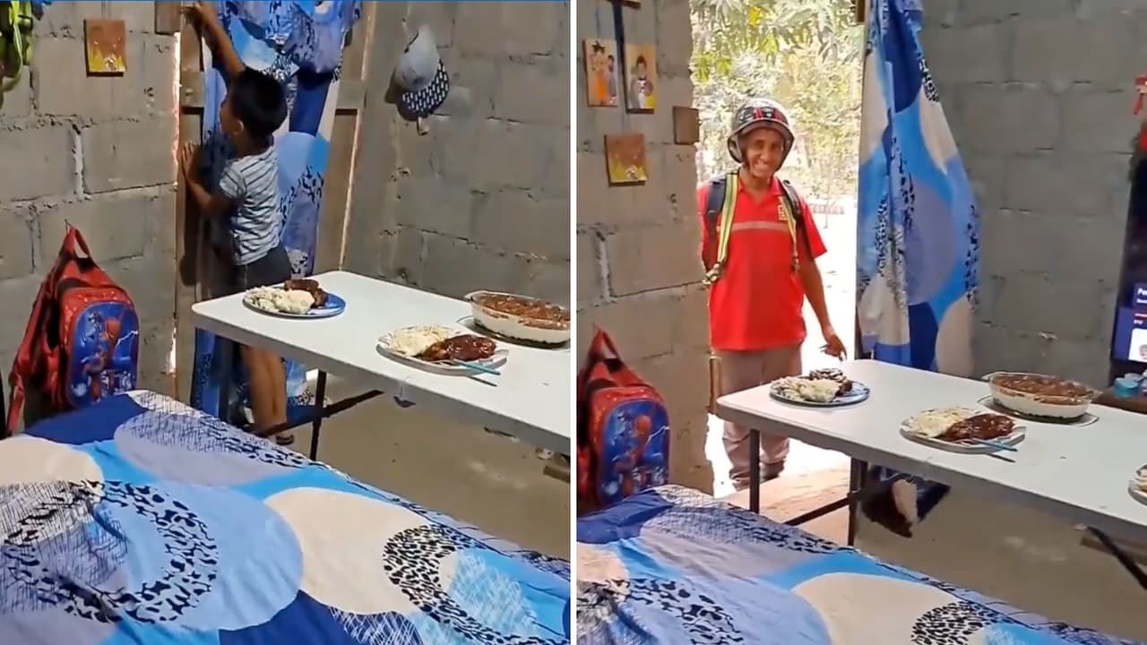 El niño se escondió para que pudieran captar la cara de sorpresa de su padre