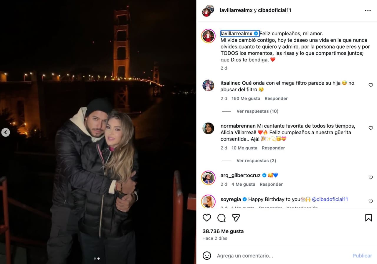 Alicia Villarreal dedica romántico mensaje a su novio Cibad Hernández.