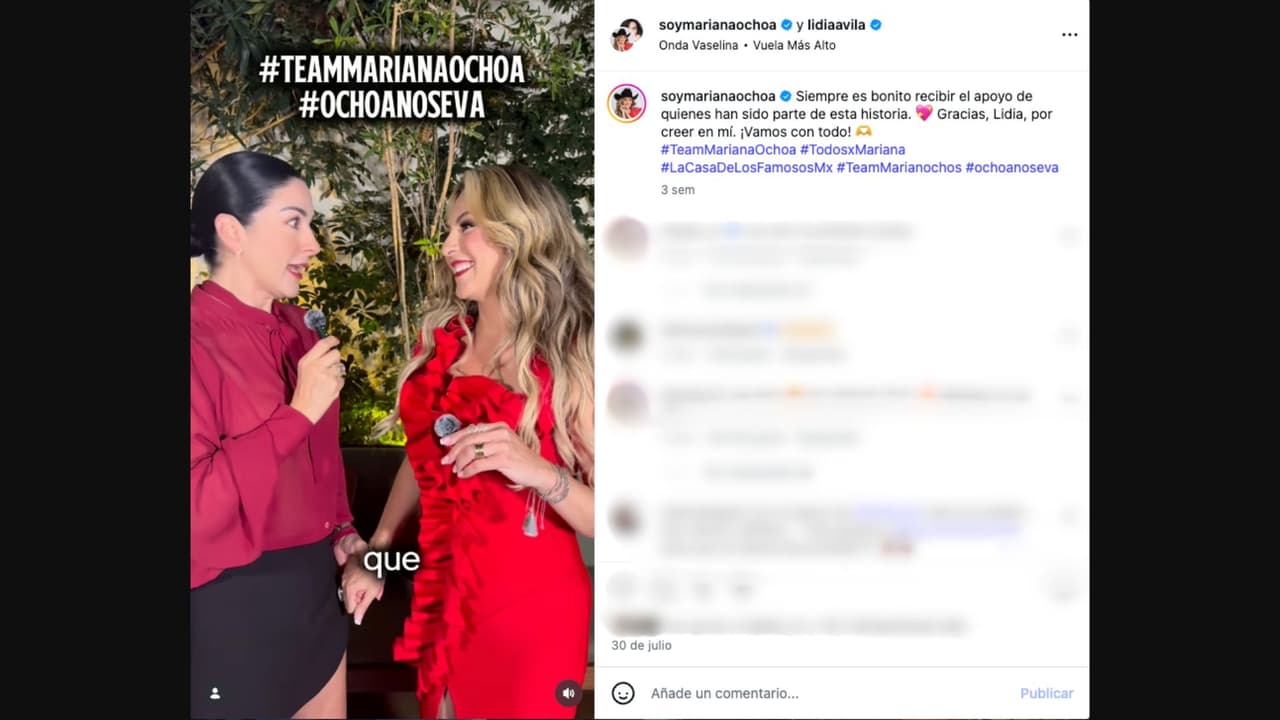 Lidia Ávila comparte mensaje de apoyo a Mariana Ochoa tras ser nominada en La Casa de los Famosos México 2026