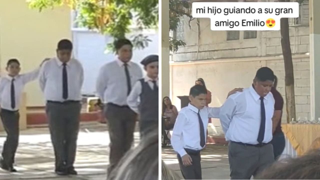 Niño enternece en redes por guiar a su mejor amigo con discapacidad visual en vals escolar