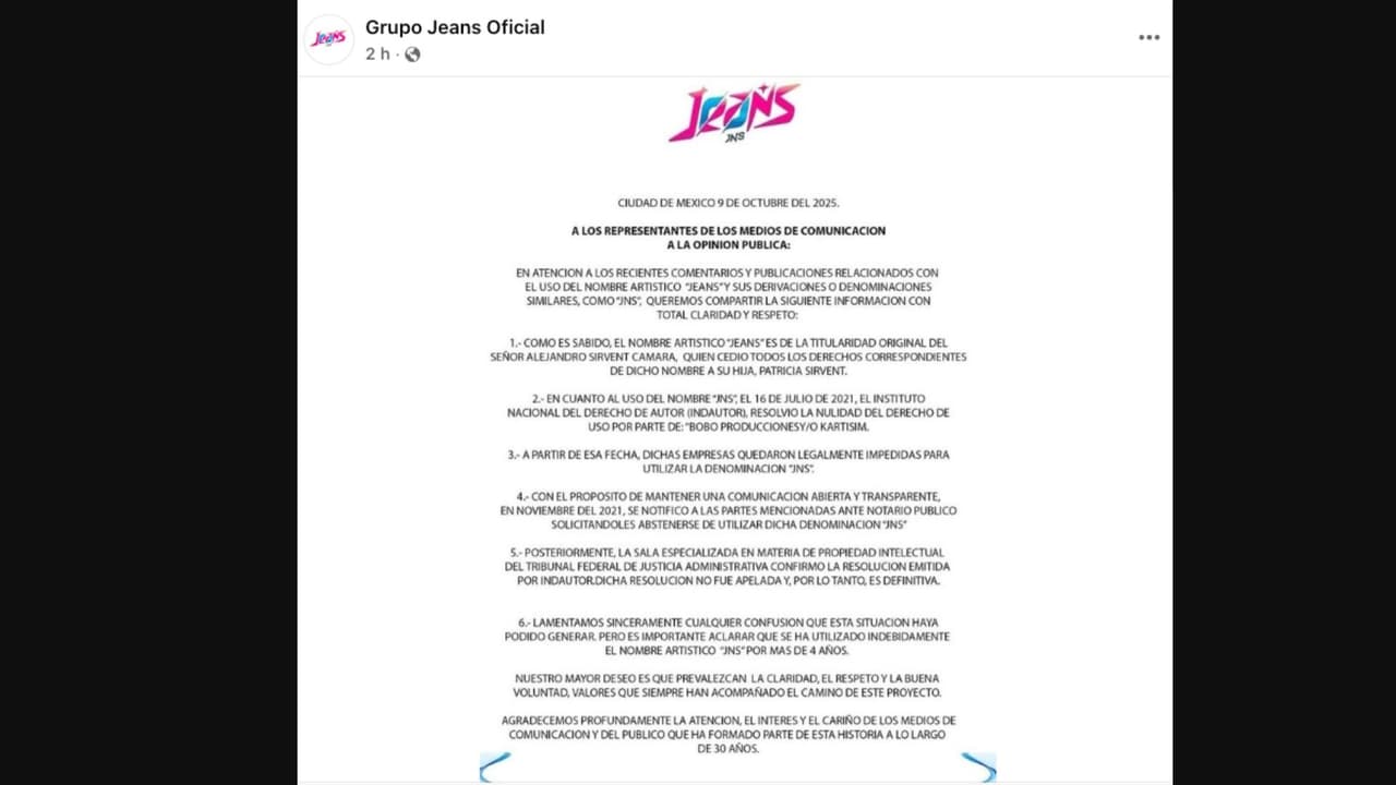 Grupo Jeans regresa con Paty Sirvent y lanzan comunicado sobre el mal uso del nombre artístico JNS