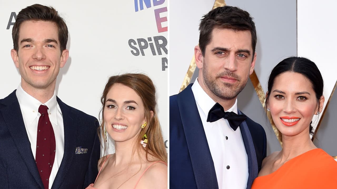 John Mulaney con Anna Marie Tendler, y Olivia Munn con Aaron Rodgers.