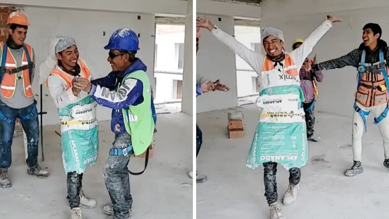 Albañiles bailan 'Tiempo de vals' en plena construcción: uno hasta usó "vestido"